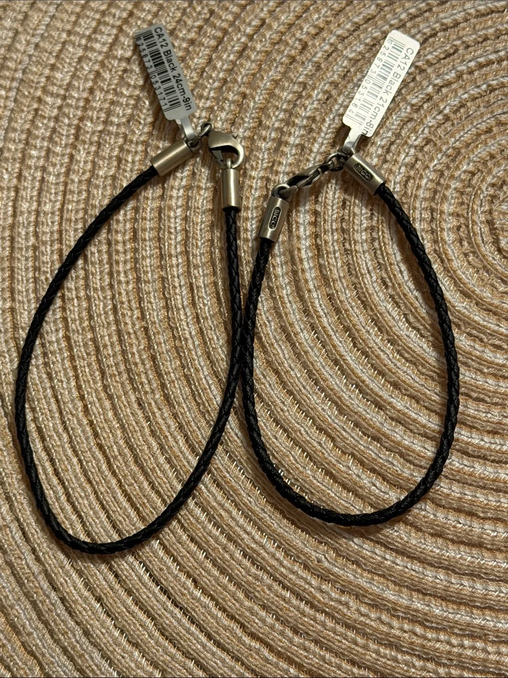 Bico Black 8” or 9” Braided Bracelet with Silver-Plated Lobster Clasp NWT